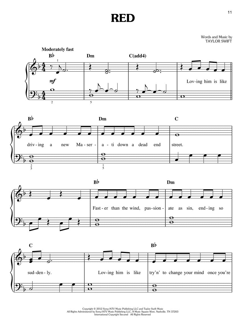 Taylor Swift - Red Easy Piano Songbook