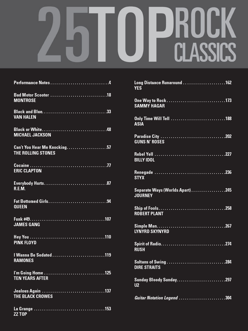 25 Top Rock Classics - Guitar Tab, Tone & Technique Book