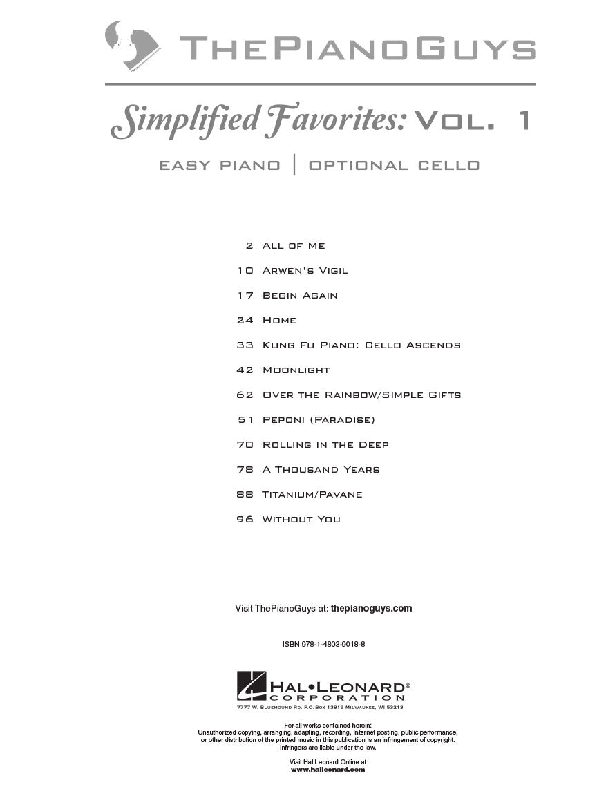 The Piano Guys Simplified Favourites Volume 1 - Easy & Cello Book Keyboard