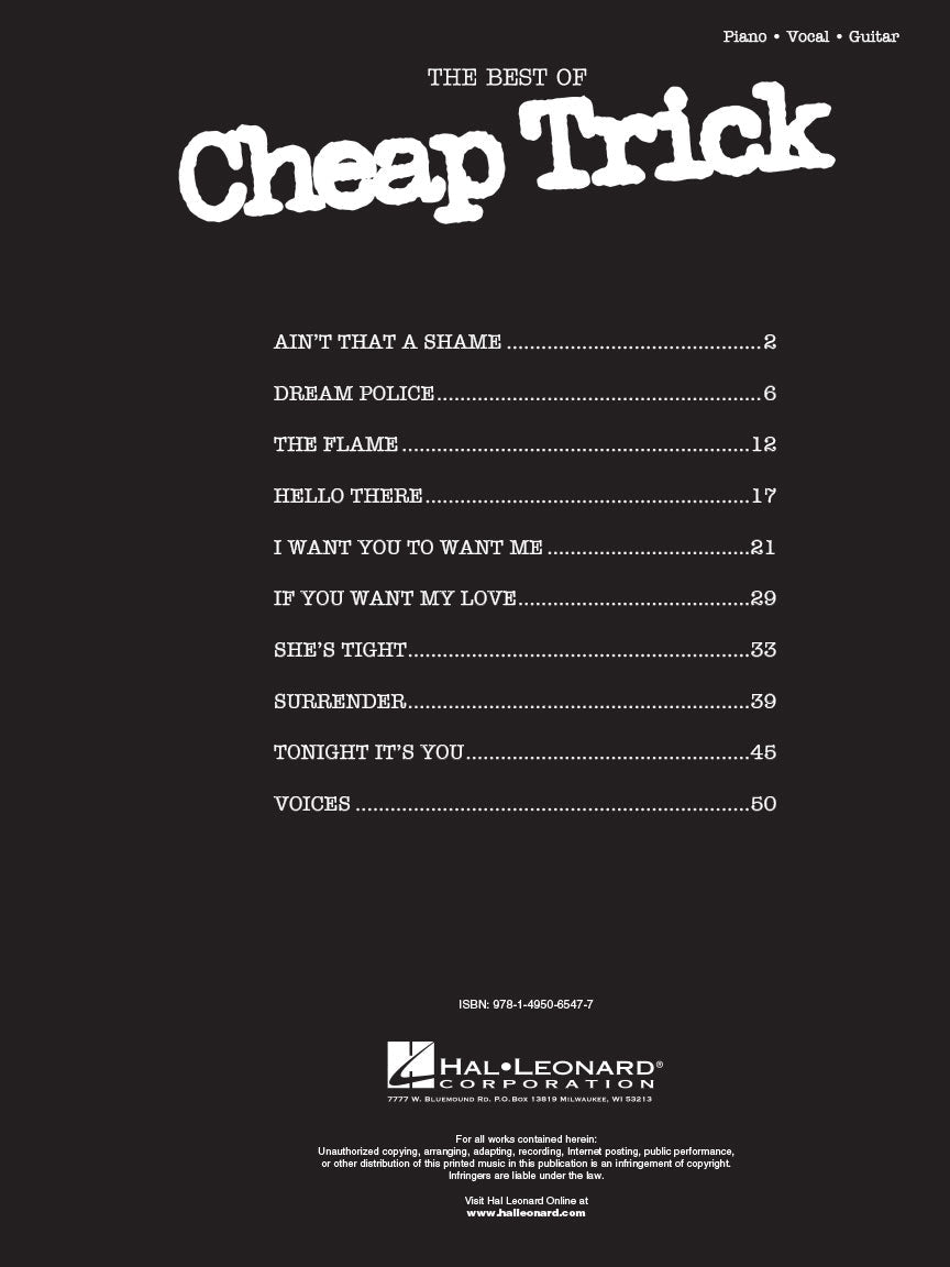 Best Of Cheap Trick - Piano Vocal And Guitar Book Songbooks