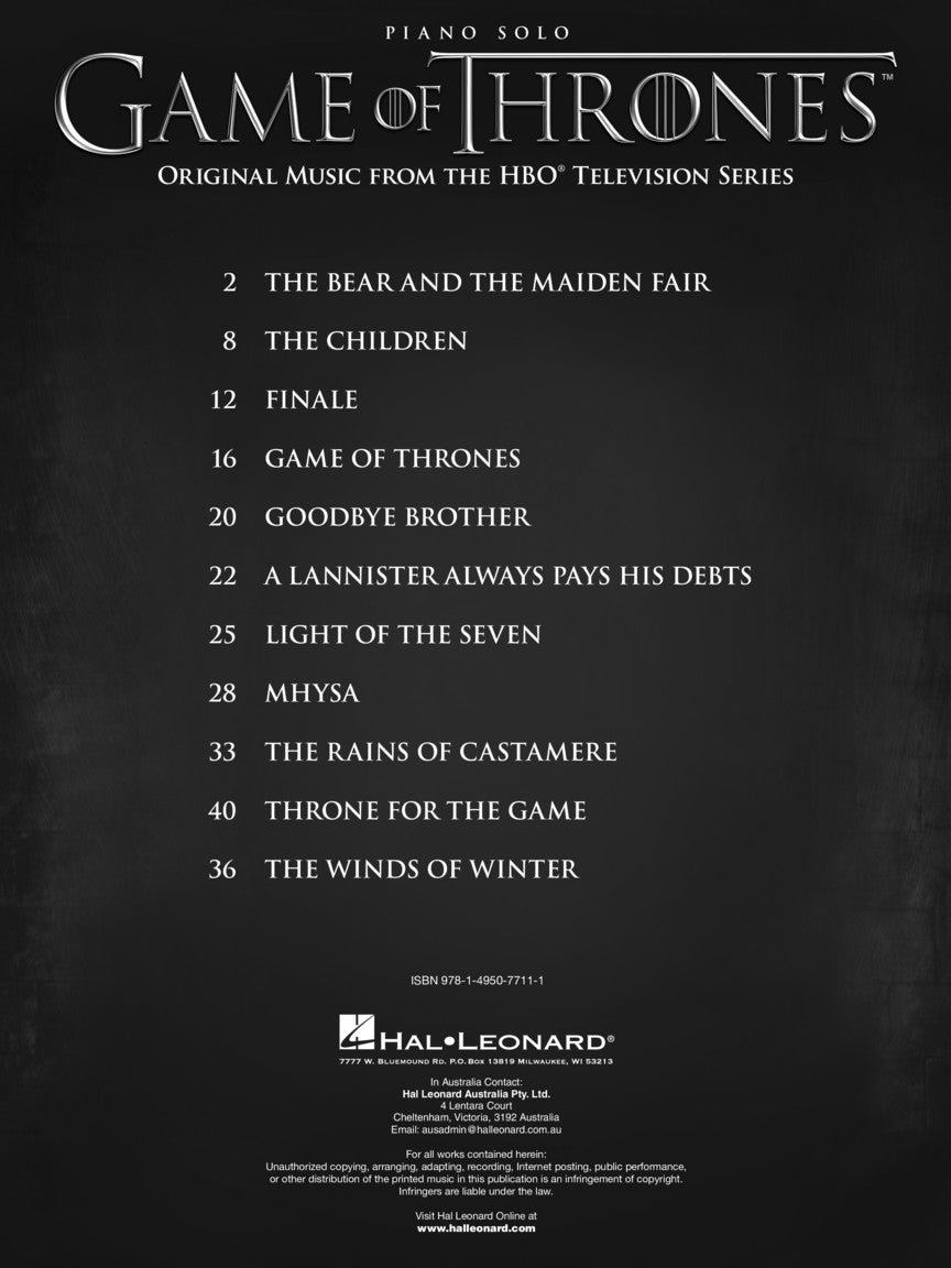Game Of Thrones - Piano Solo Songbook Songbooks