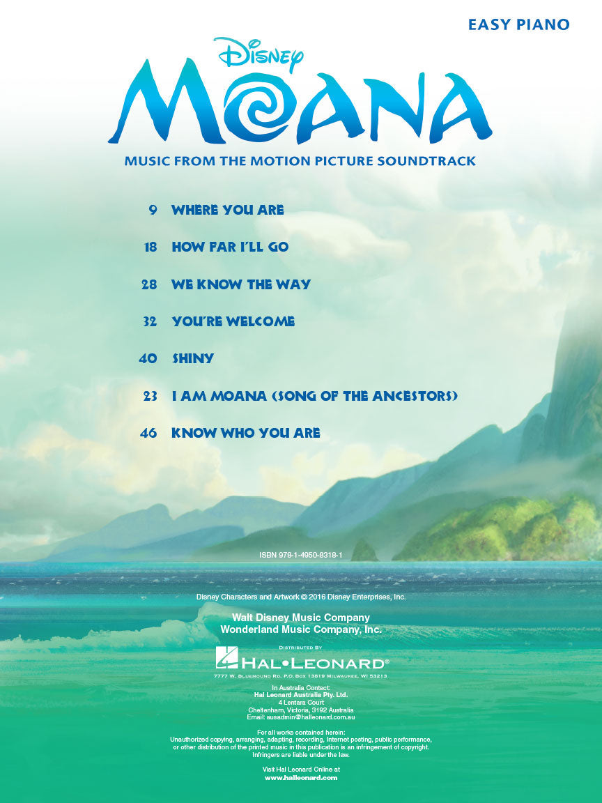 Moana Movie Soundtrack Easy Piano Book Songbooks