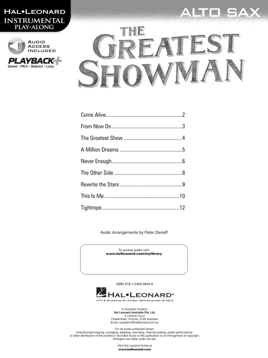 The Greatest Showman - Alto Saxophone Play Along Book/Ola