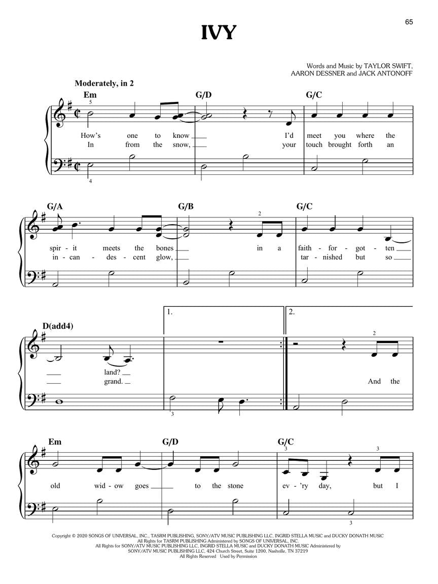 Taylor Swift - Evermore Easy Piano Songbook