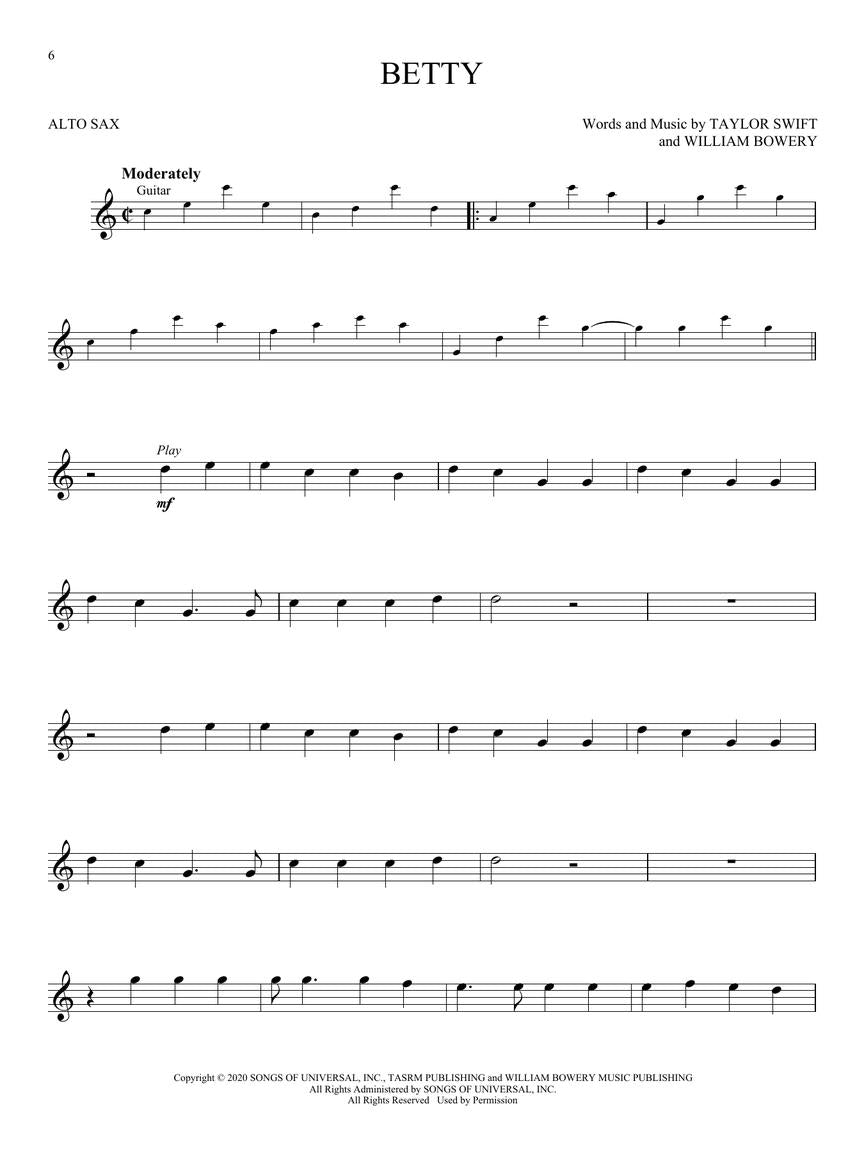 Taylor Swift - Folklore & Evermore Alto Saxophone Play Along Book/Ola