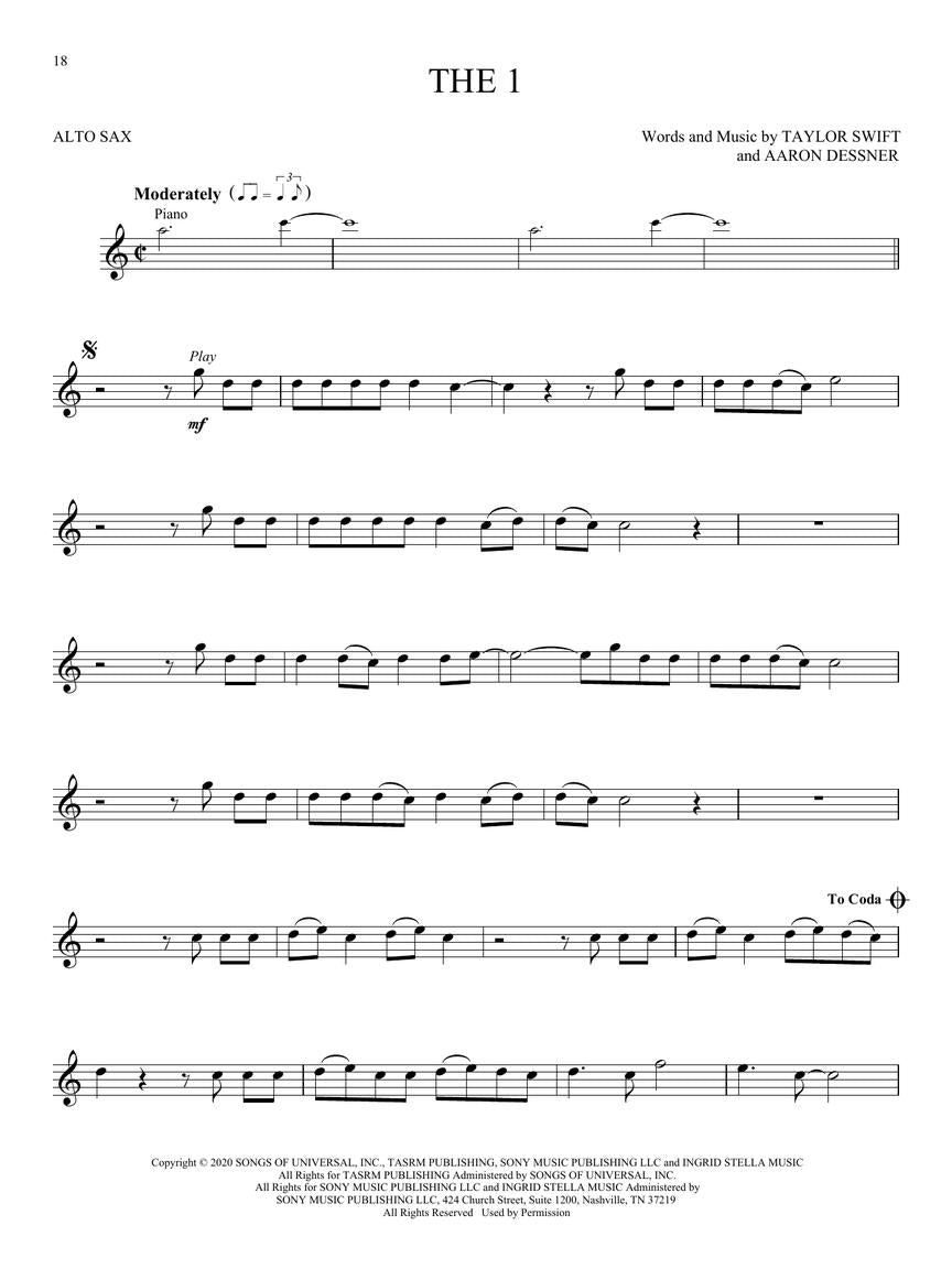 Taylor Swift - Folklore & Evermore Alto Saxophone Play Along Book/Ola