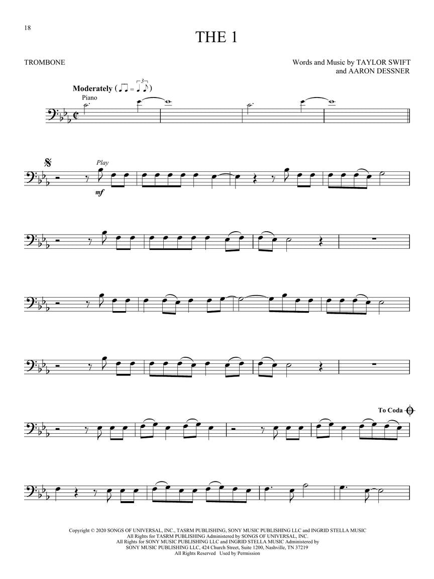 Taylor Swift - Folklore & Evermore Trombone Play Along Book/Ola