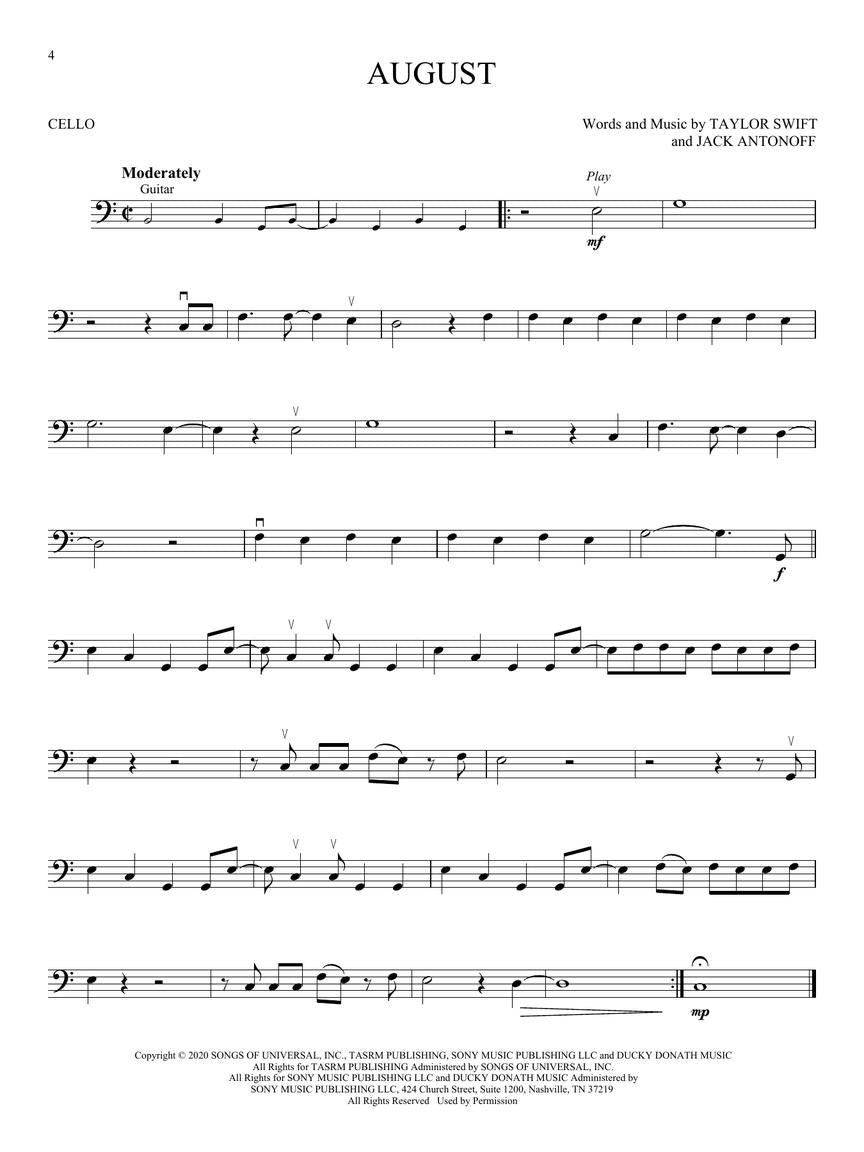 Taylor Swift - Folklore & Evermore Cello Play Along Book/Ola