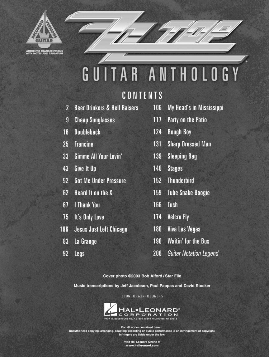 Zz Top Guitar Anthology Tab Book Songbooks