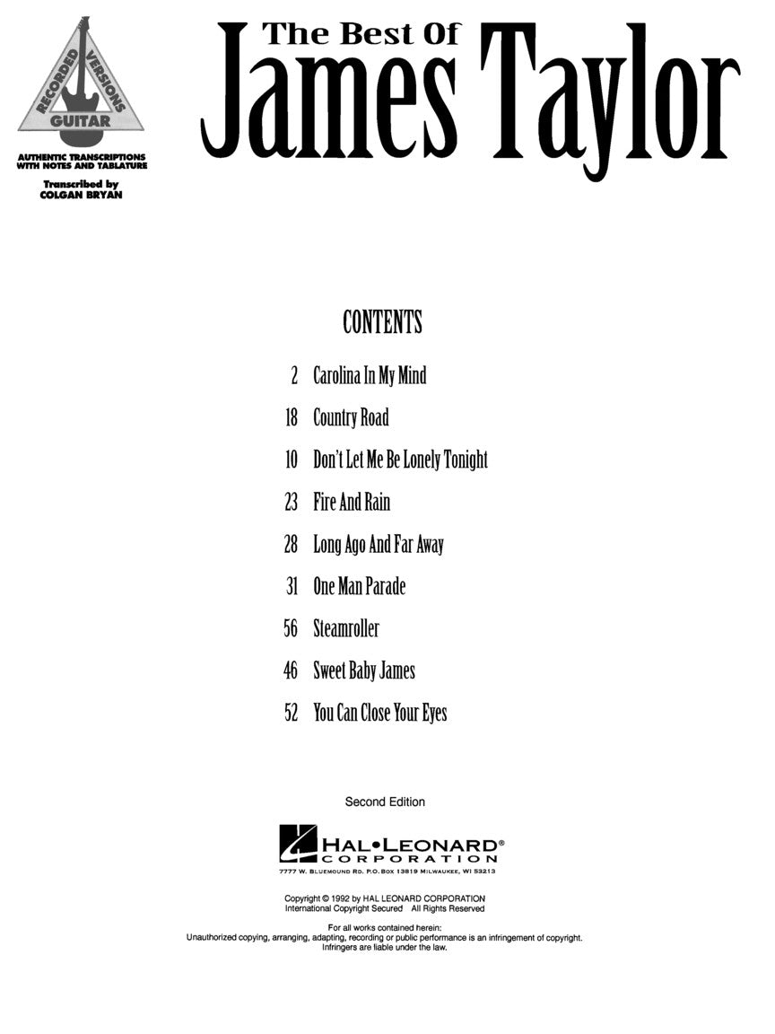 The Best Of James Taylor Guitar Tab Book