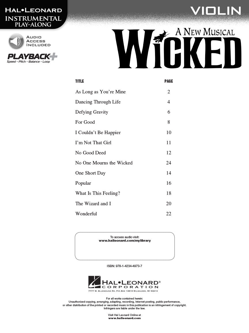 Wicked A New Musical - Violin Play Along Book/Ola