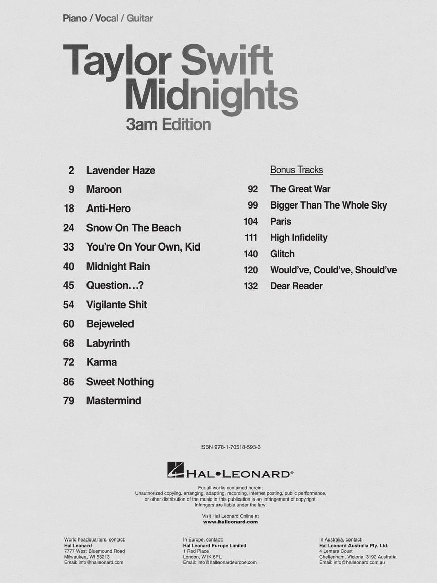 Taylor Swift - Midnights (3am Edition) Piano, Vocal & Guitar Songbook