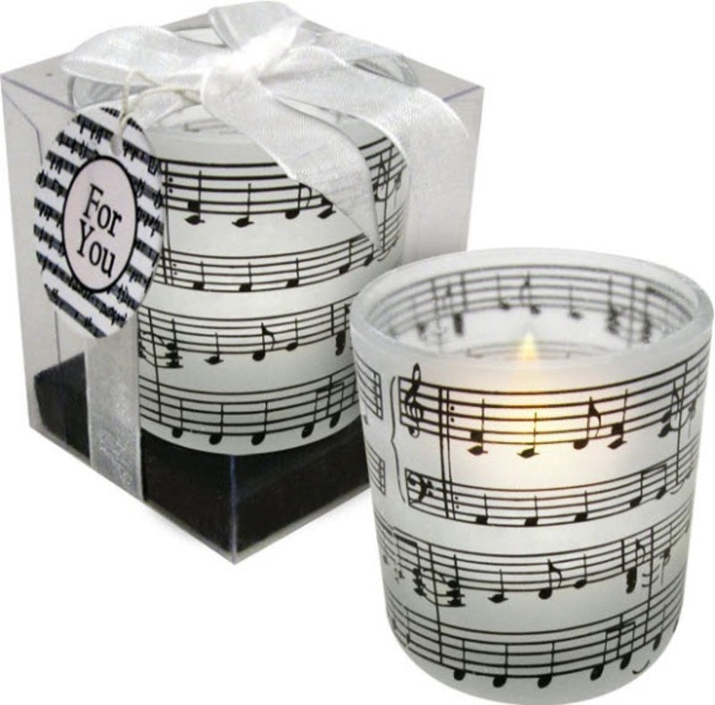 TEA LIGHT WITH FROSTED MUSIC STAFF CANDLE HOLDER