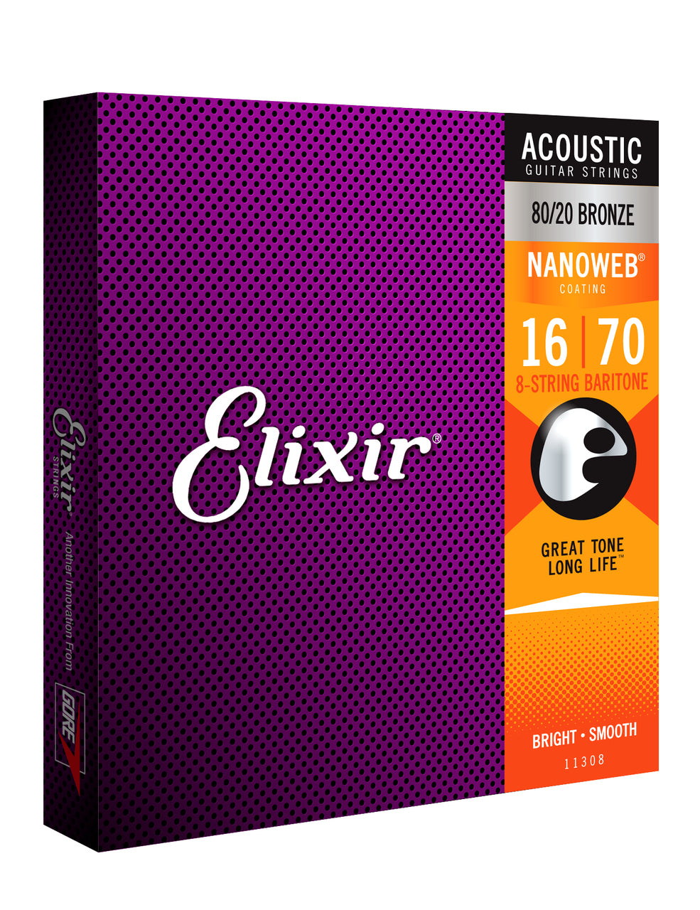 Elixir 11308 Acoustic Guitar Nanoweb 80/20 Bronze Baritone 8-String Set 16-70