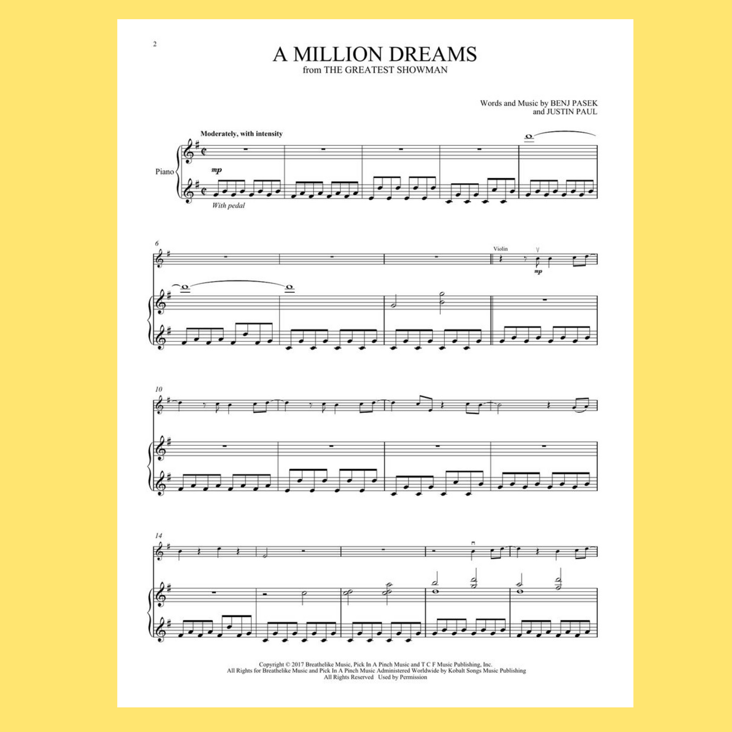 The Greatest Showman - A Million Dreams For Violin & Piano Sheet Music