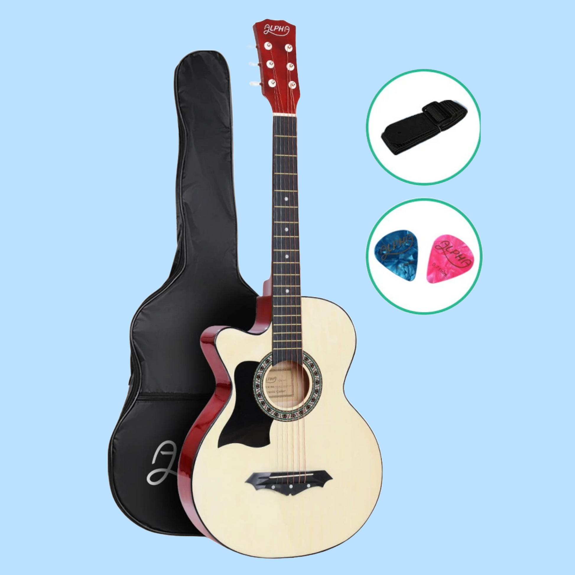 Alpha 38-inch Natural Left Handed Acoustic Guitar with Carry Bag, Strap & Picks