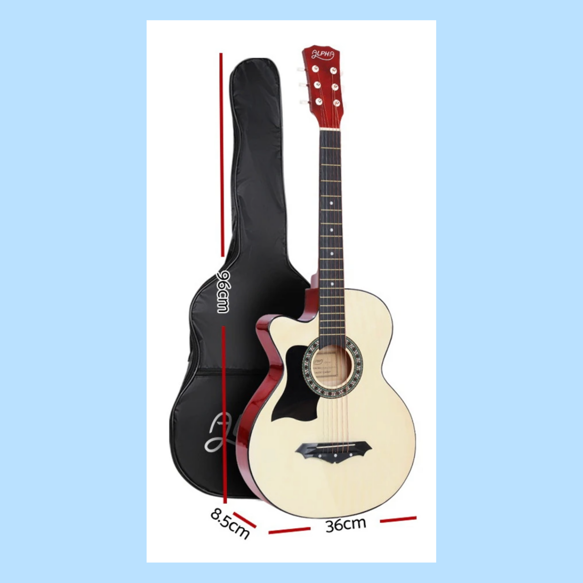 Alpha 38-inch Natural Left Handed Acoustic Guitar with Carry Bag, Strap & Picks