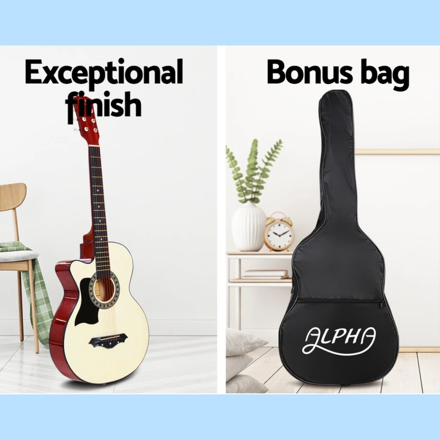 Alpha 38-inch Natural Left Handed Acoustic Guitar with Carry Bag, Strap & Picks