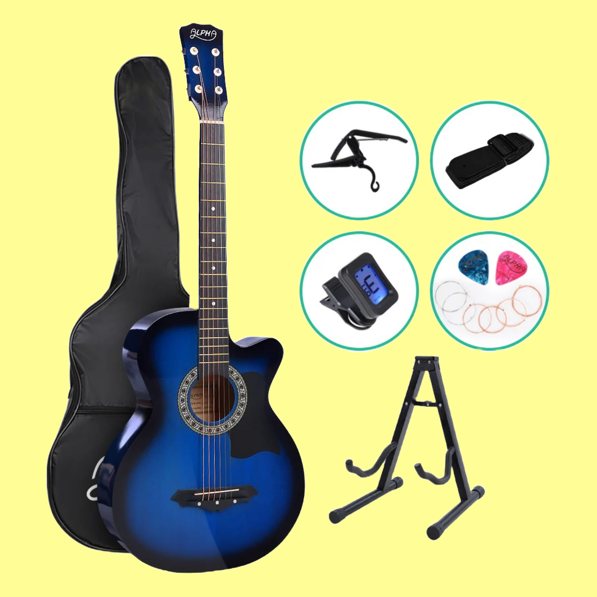 Alpha 38-inch Blue Wooden Acoustic Guitar Pack