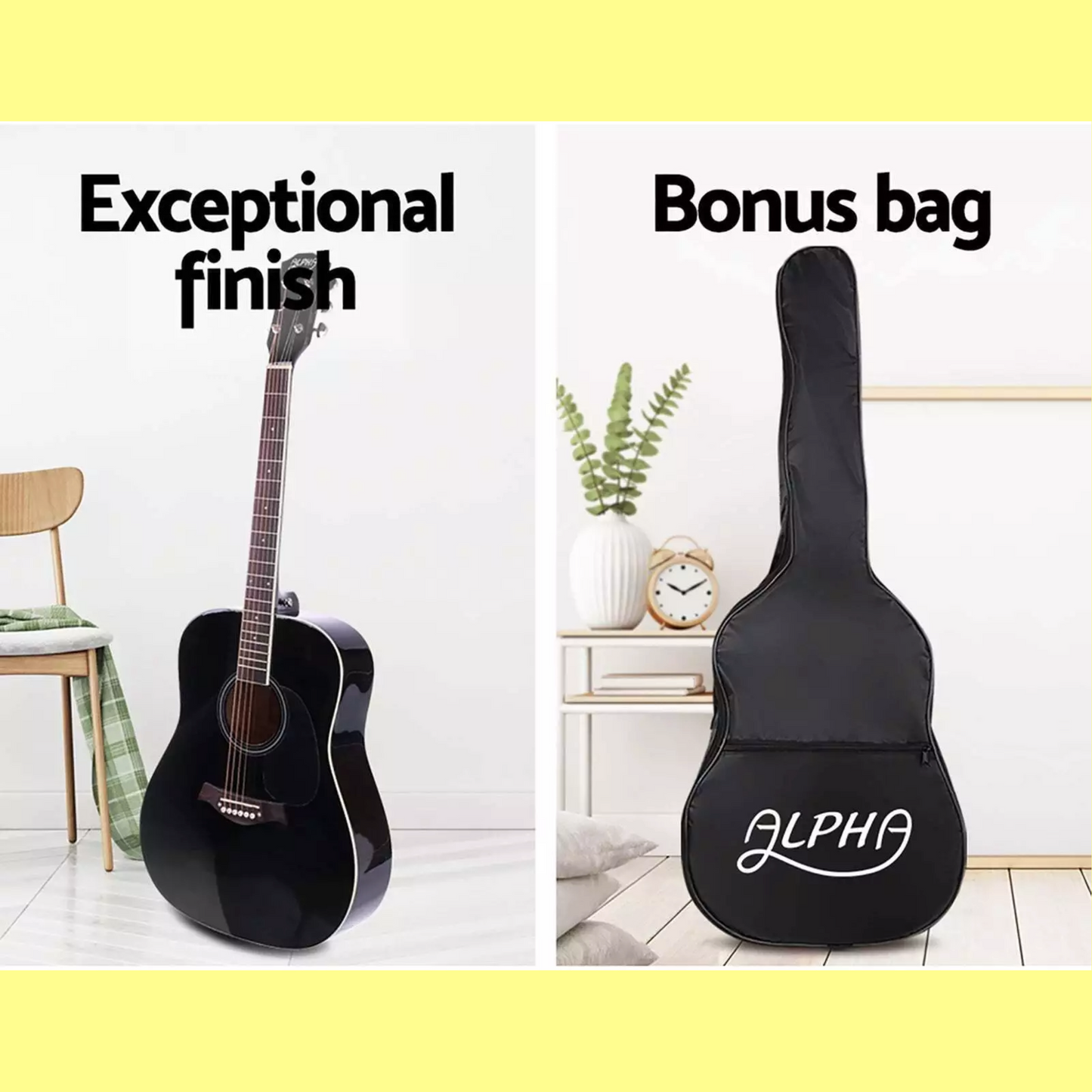 Alpha 41 inch Black Wooden Acoustic Guitar & Accessories Pack