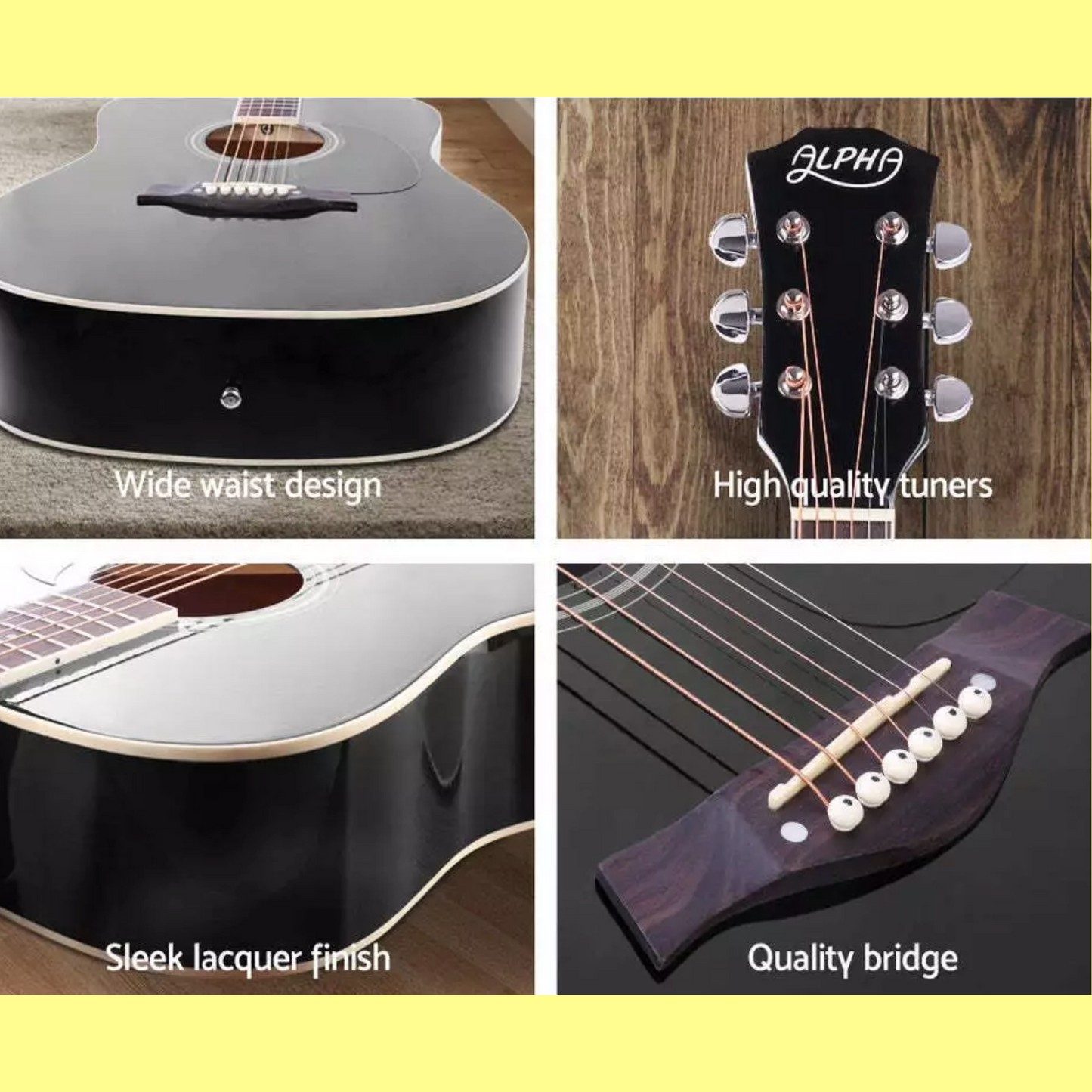 Alpha 41 inch Black Wooden Acoustic Guitar & Accessories Pack