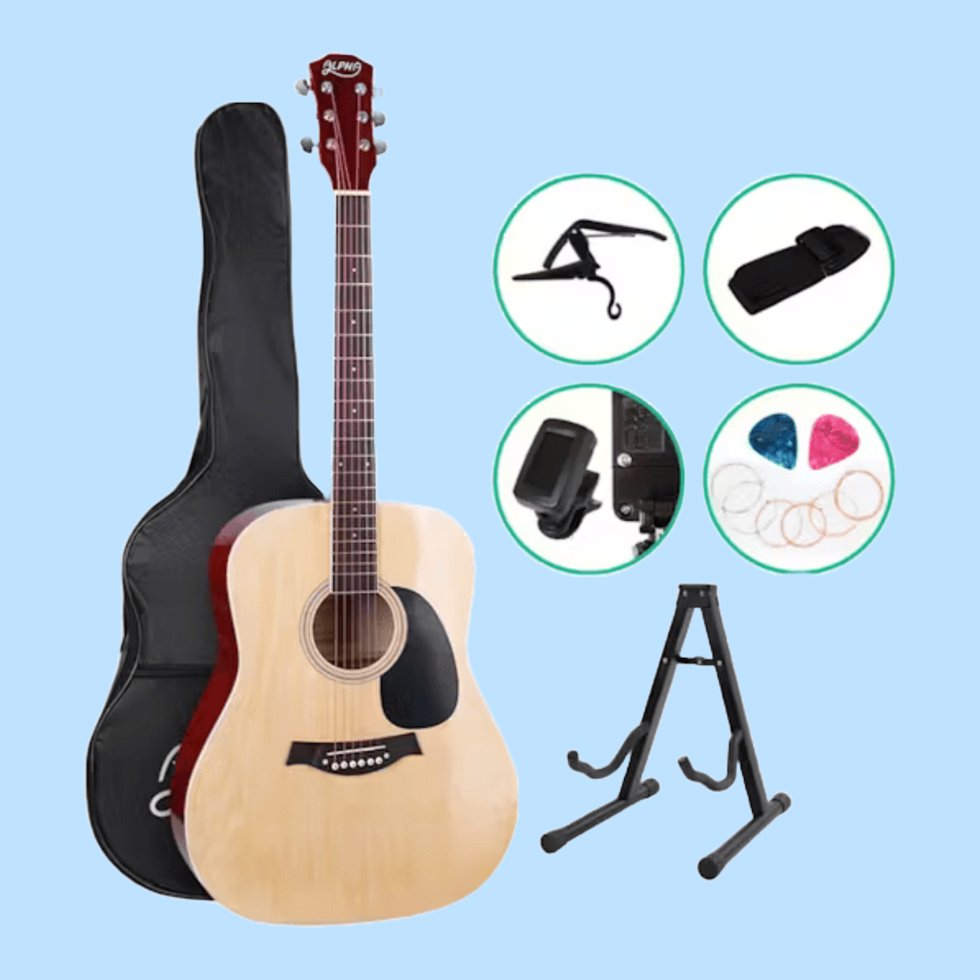 Alpha 41 inch Natural Wooden Acoustic Guitar & Accessories Pack