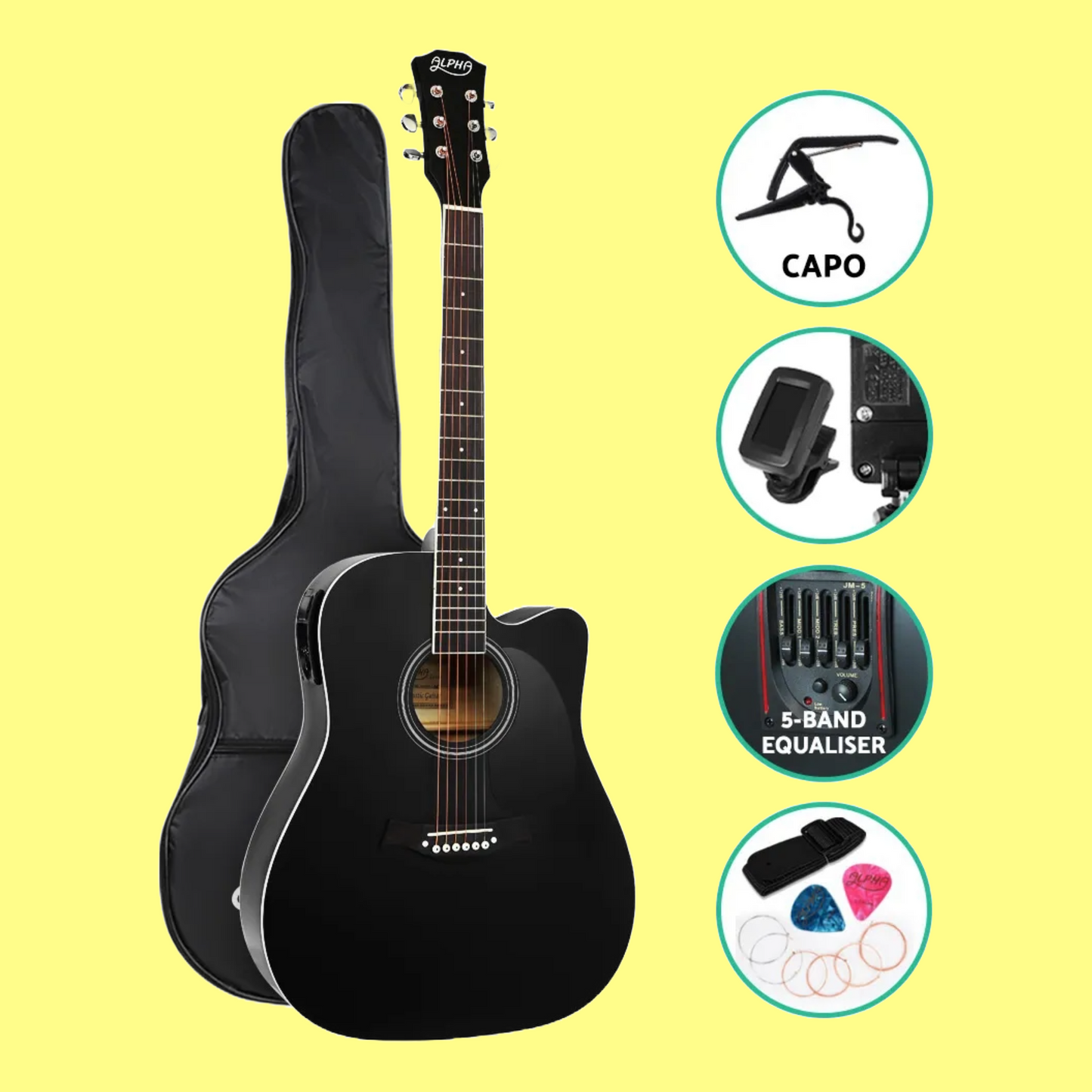 Alpha 41 inch Black Electric Acoustic Guitar with Carry Bag & Accessory Pack