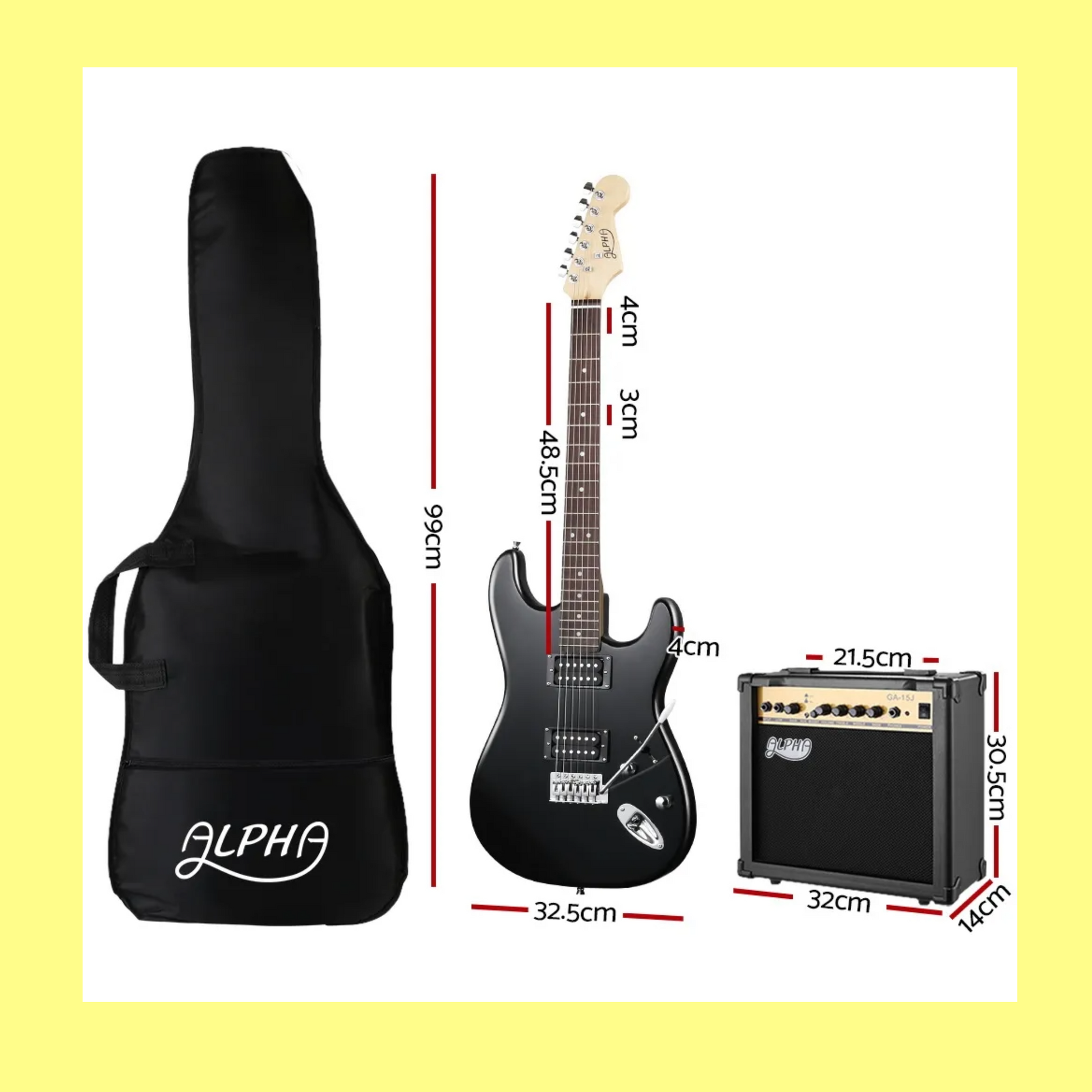 Alpha Rock Black Steel String Electric Guitar, Amp, Carry Bag & Accessory Kit