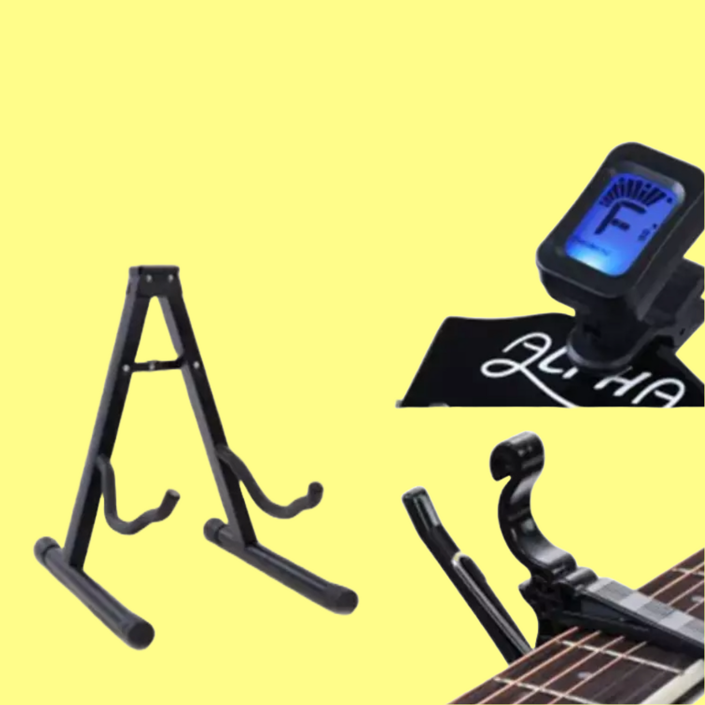 Alpha Guitar Accessory Set - Folding Guitar Stand with Tuner, Capo & Guitar Strings