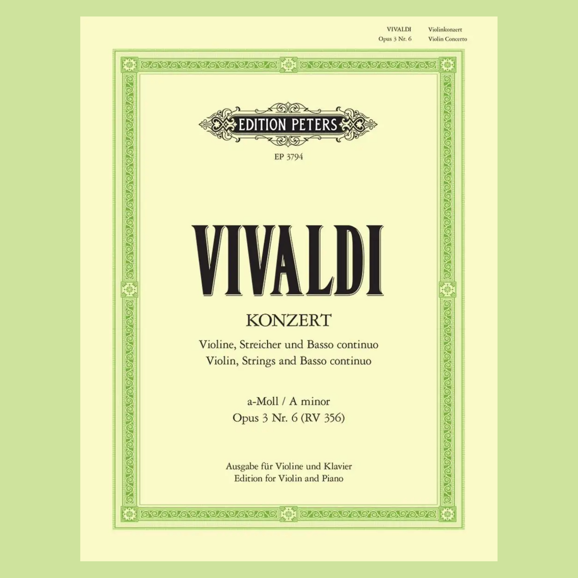 Vivaldi - Concerto in A minor Op.3 No.6 RV 356 Violin with Piano Accompaniment Book