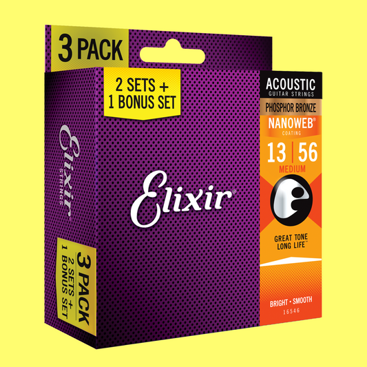 Elixir 16546 Nanoweb Phosphor Bronze Acoustic Guitar Medium String Set 13-56 (3 Pack)