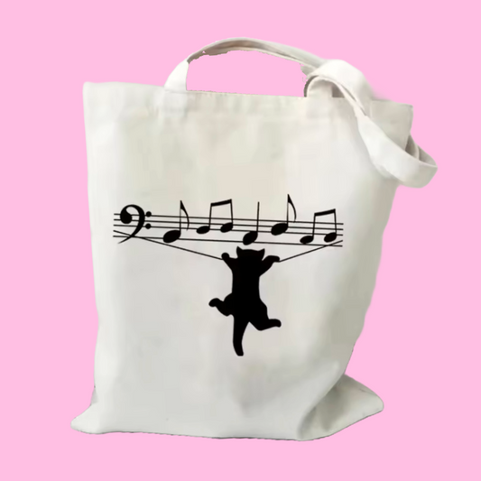 Musical Mischief Kitty White Cotton Tote Bag (35cm x 40cm)