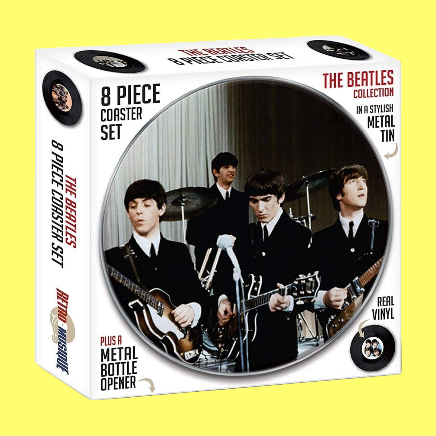 The Beatles - 8 Piece Vinyl Coaster Set With Bottle Opener and Metal Tin