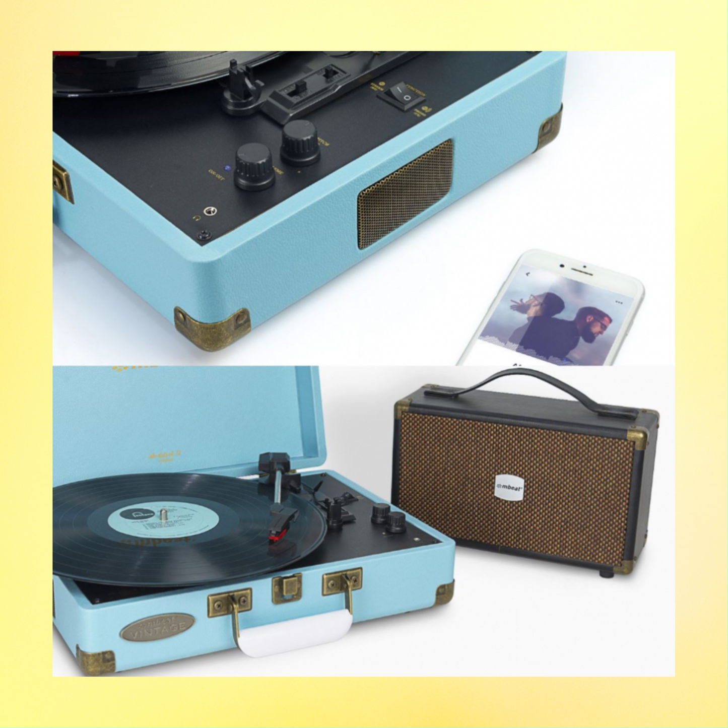 MBeat Woodstock II Sky Blue Retro Bluetooth (TX/RX) Turntable