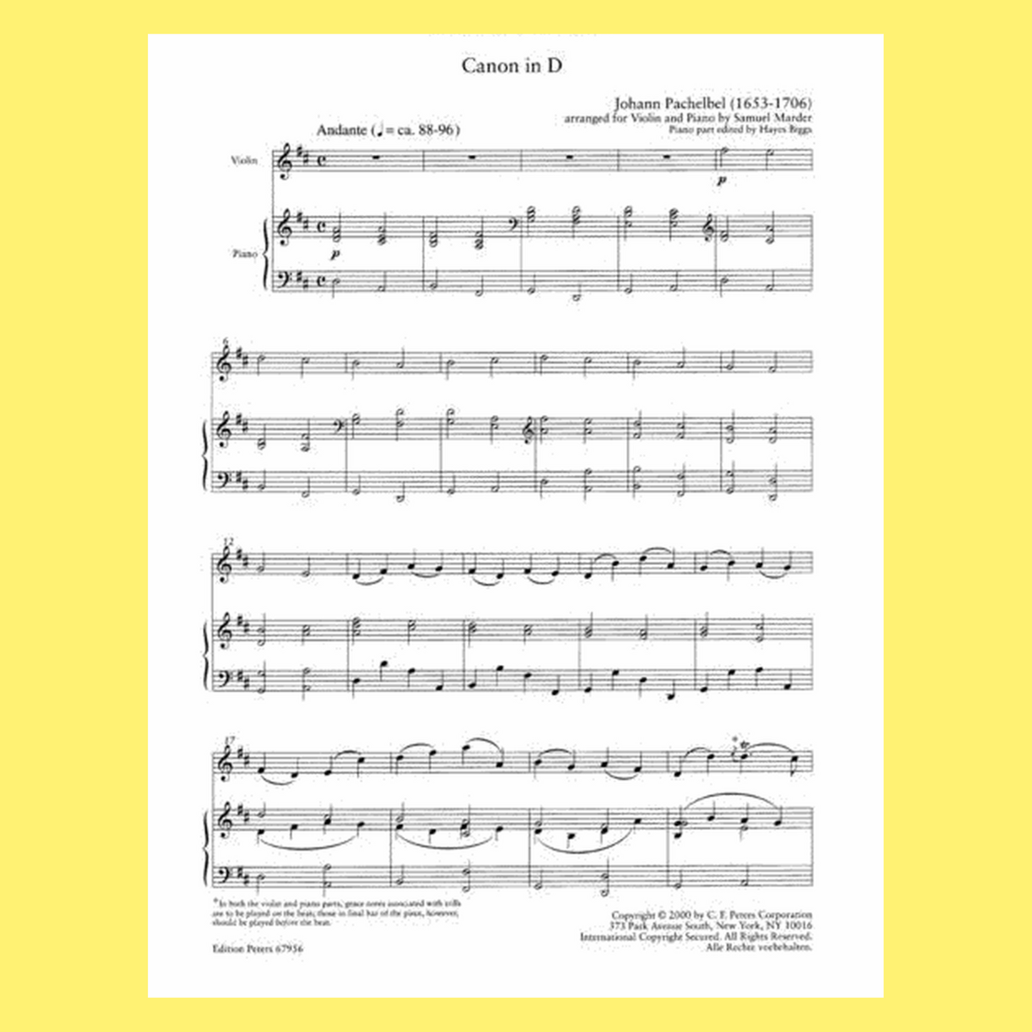 Pachelbel Canon in D for Violin Sheet Music with Piano Accompaniment