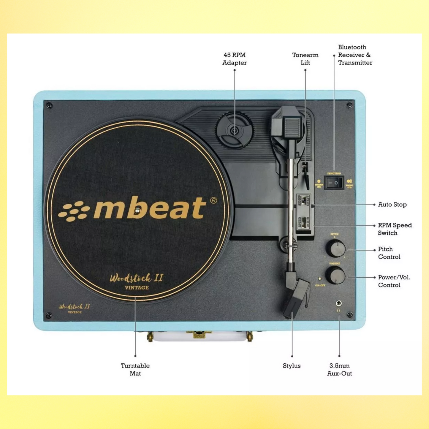 MBeat Woodstock II Sky Blue Retro Bluetooth (TX/RX) Turntable