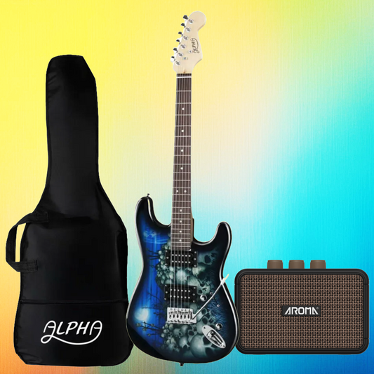 Alpha Blue Electric Guitar Acoustic Guitar Pack with Aroma Amp & Accessories