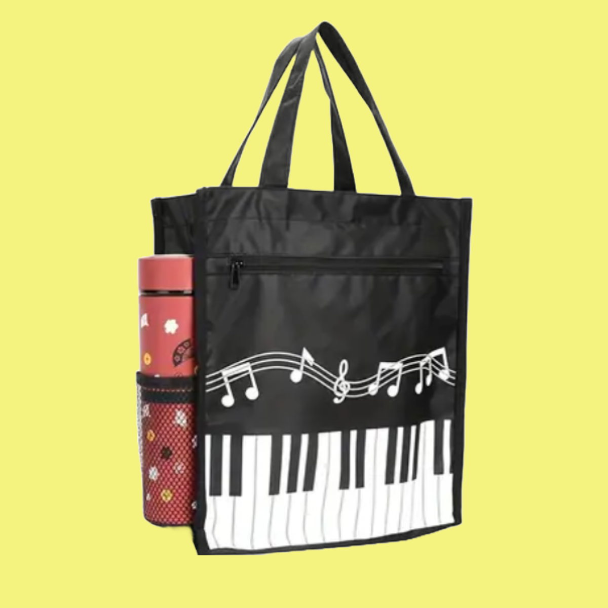 Piano Music Book Bag with Water Bottle Holder and Zip Pocket (Black)