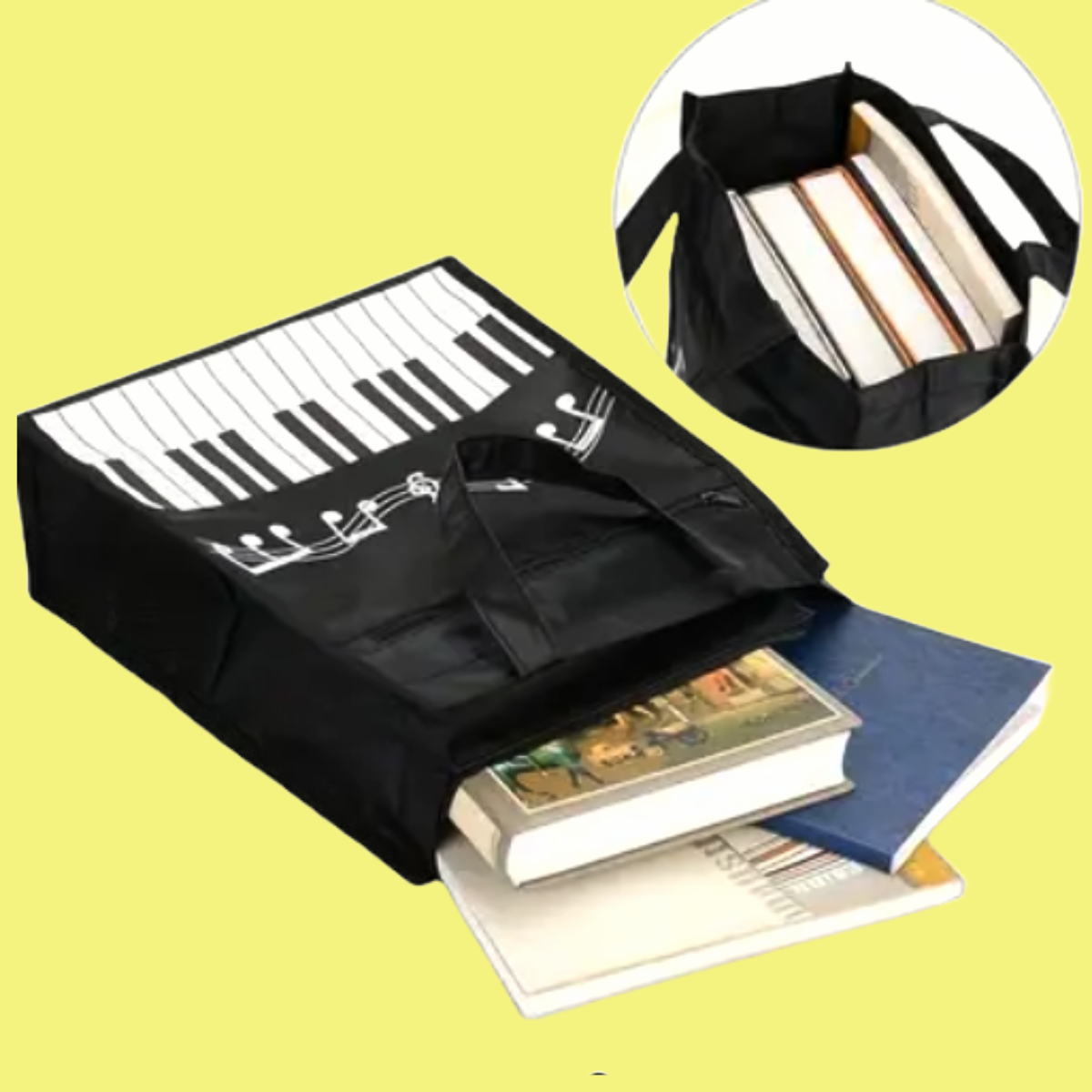 Piano Music Book Bag with Water Bottle Holder and Zip Pocket (Black)