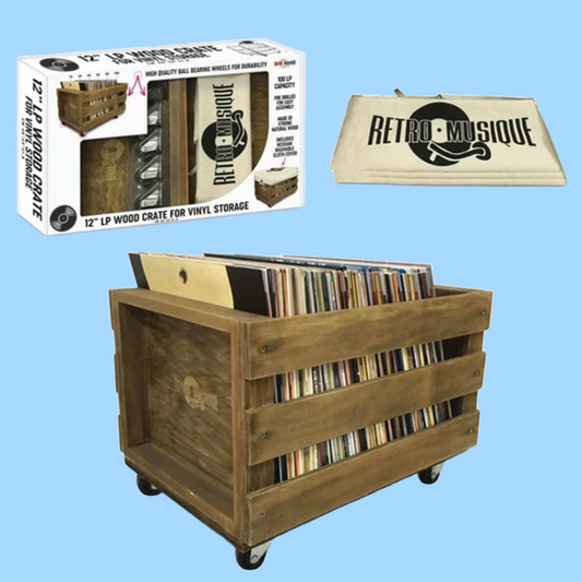 Wooden Vinyl Storage Crate on Wheels with Hessian Dust Cover - Teak