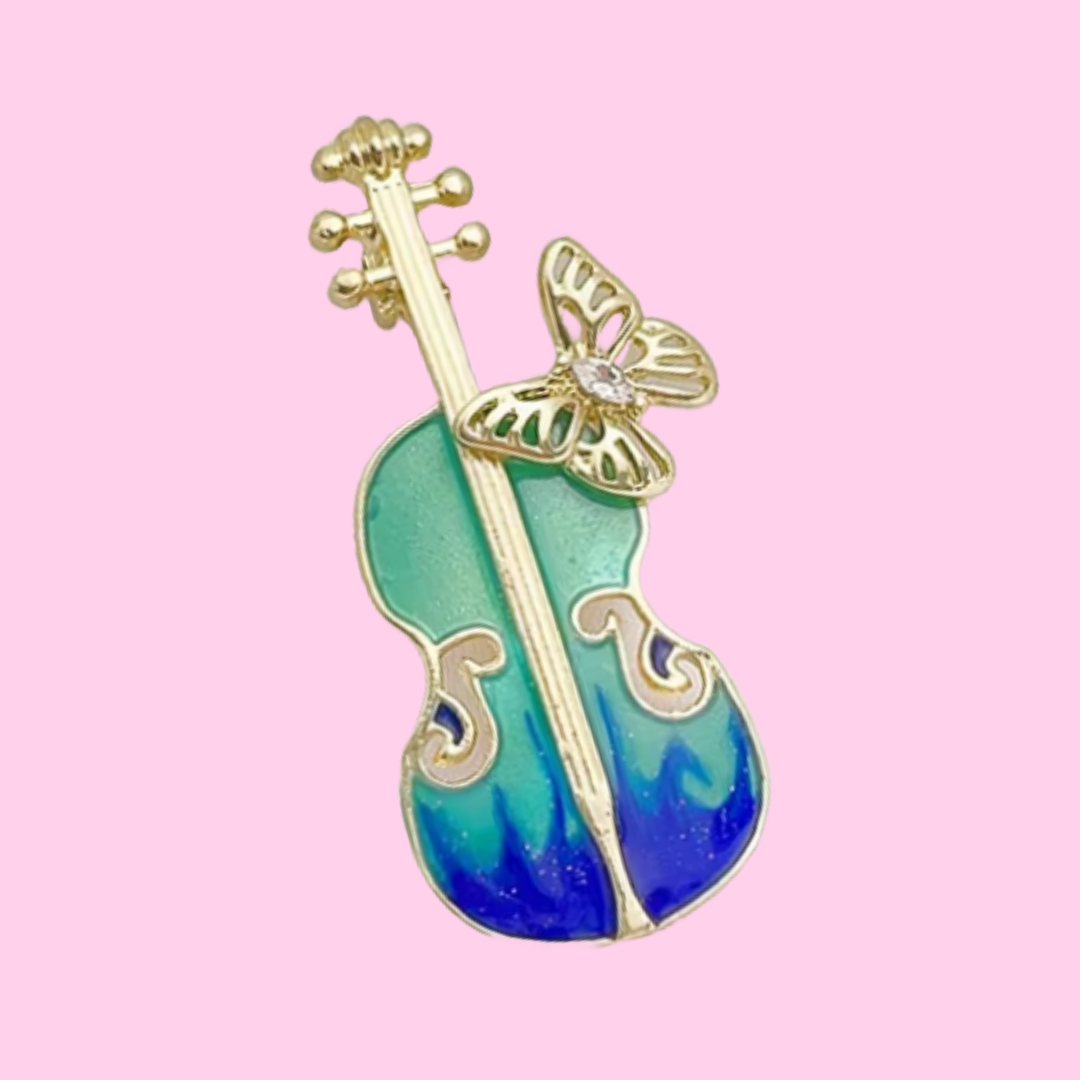 Blue Green Rhinestone Violin with Butterly Enamel Pin