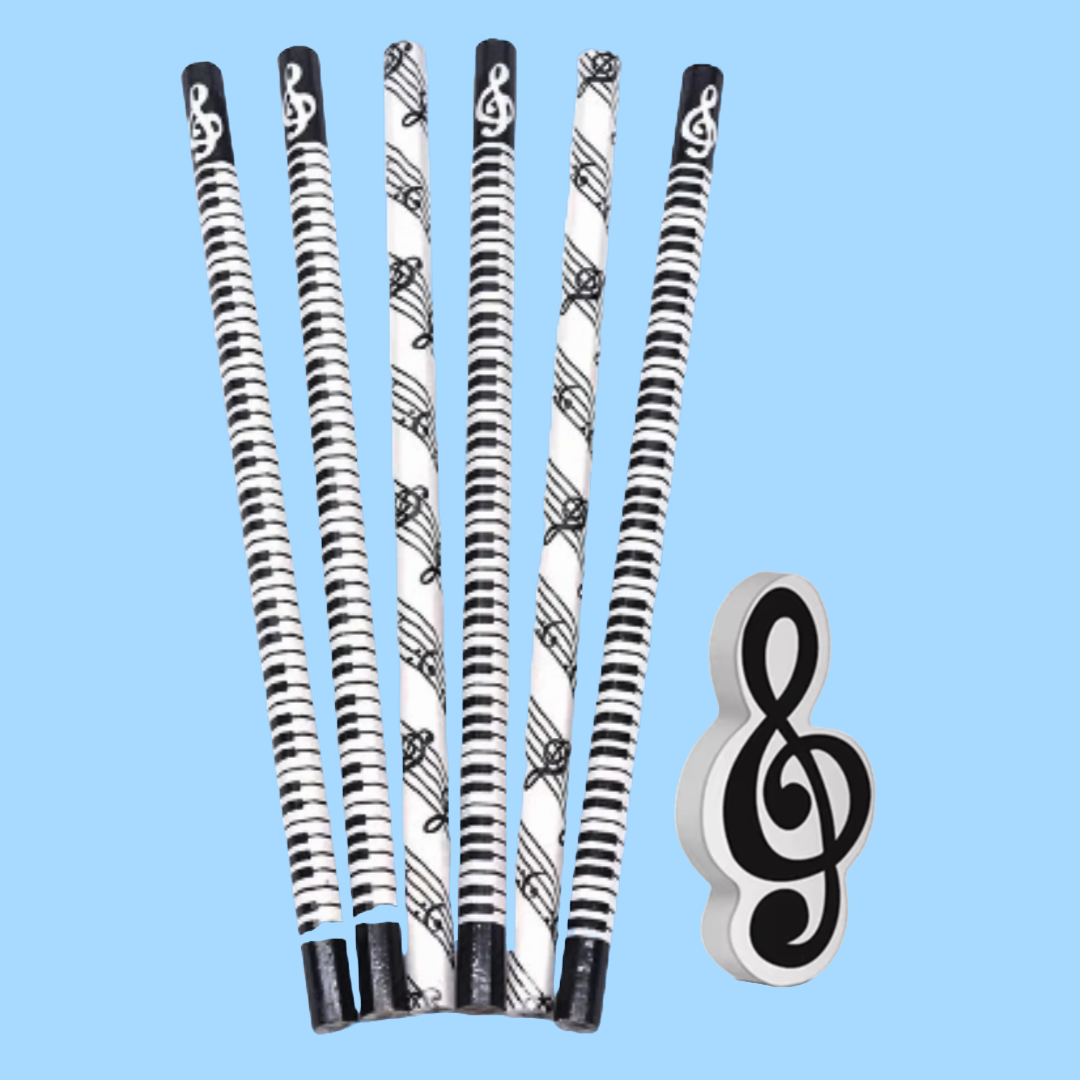 Black & White Musical Pencils  - 6 Pack with Treble Clef Eraser