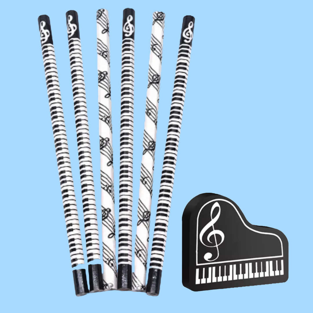 Black & White Musical Pencils  - 6 Pack with Piano Eraser (Black)