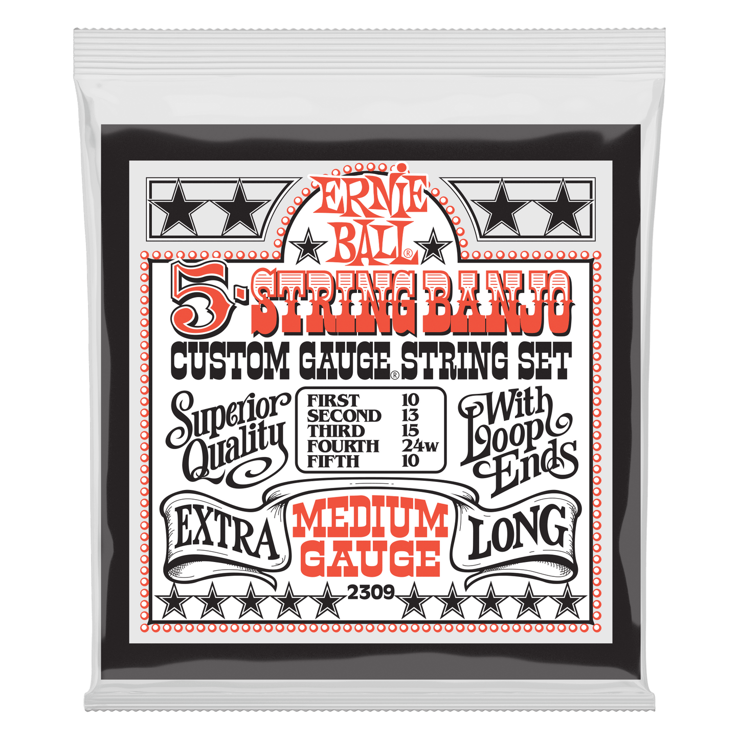 Ernie Ball Medium 5-String Loop End Stainless Steel Banjo Guitar Strings Set - 10-10