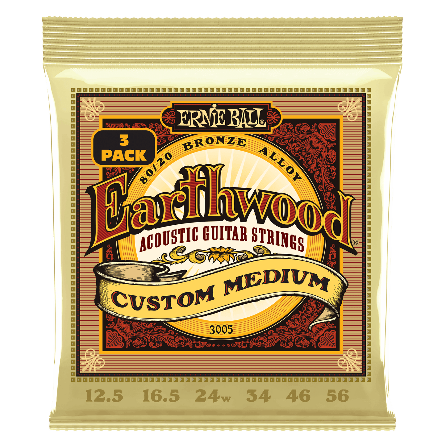 Ernie Ball Earthwood Custom Medium 80/20 Bronze Acoustic Guitar Strings Set- 12.5-56 / 3-Pack