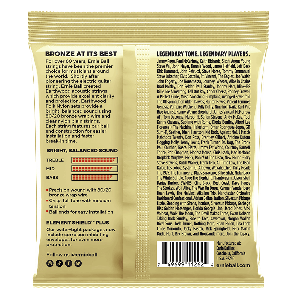 Ernie Ball Earthwood Folk Nylon Clear and Gold with Ball End - 80/20 Bronze Acoustic Guitar Strings Set- 28-42 / 3-Pack