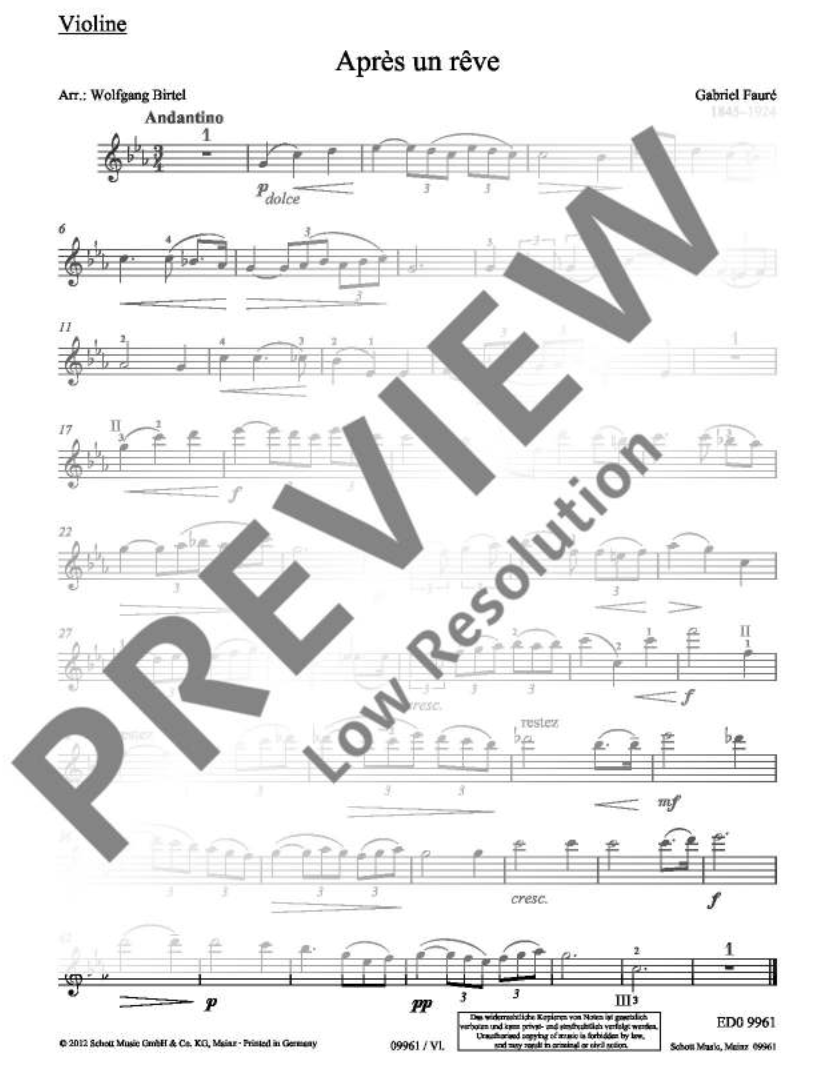 Gabriel Faure - Apres Un Reve Op 7 No 1 Violin with Piano Accompaniment Sheet Music