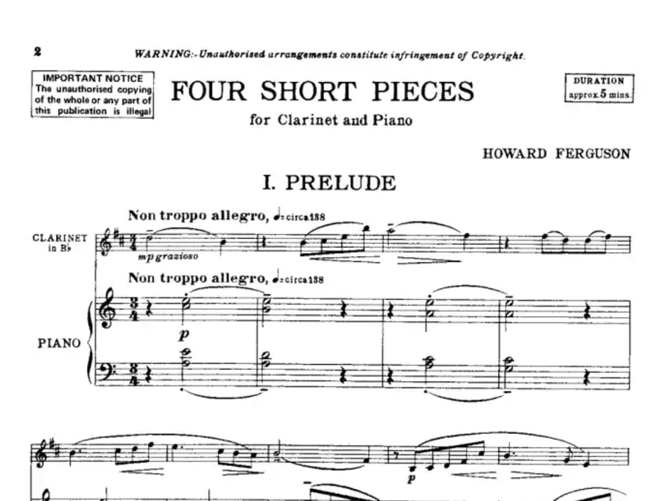 Howard Ferguson - 4 Short Pieces for Clarinet with Piano Accompaniment Book