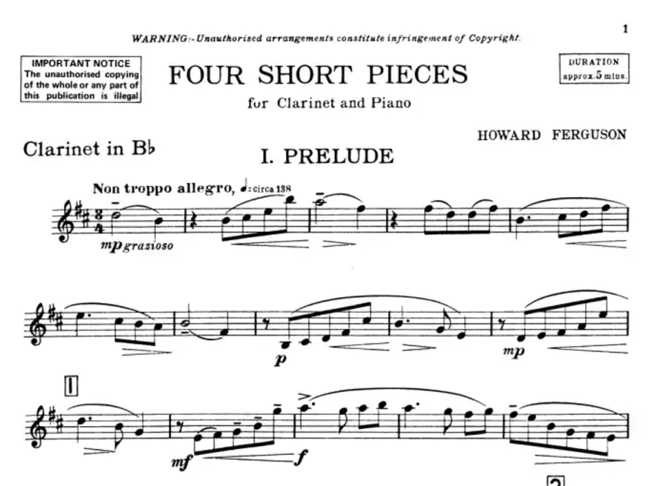 Howard Ferguson - 4 Short Pieces for Clarinet with Piano Accompaniment Book