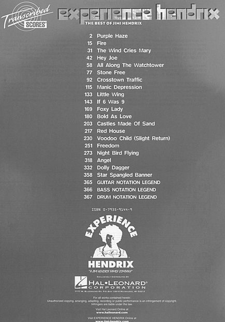 Jimi Hendrix - Experience Hendrix Transcribed Score Book